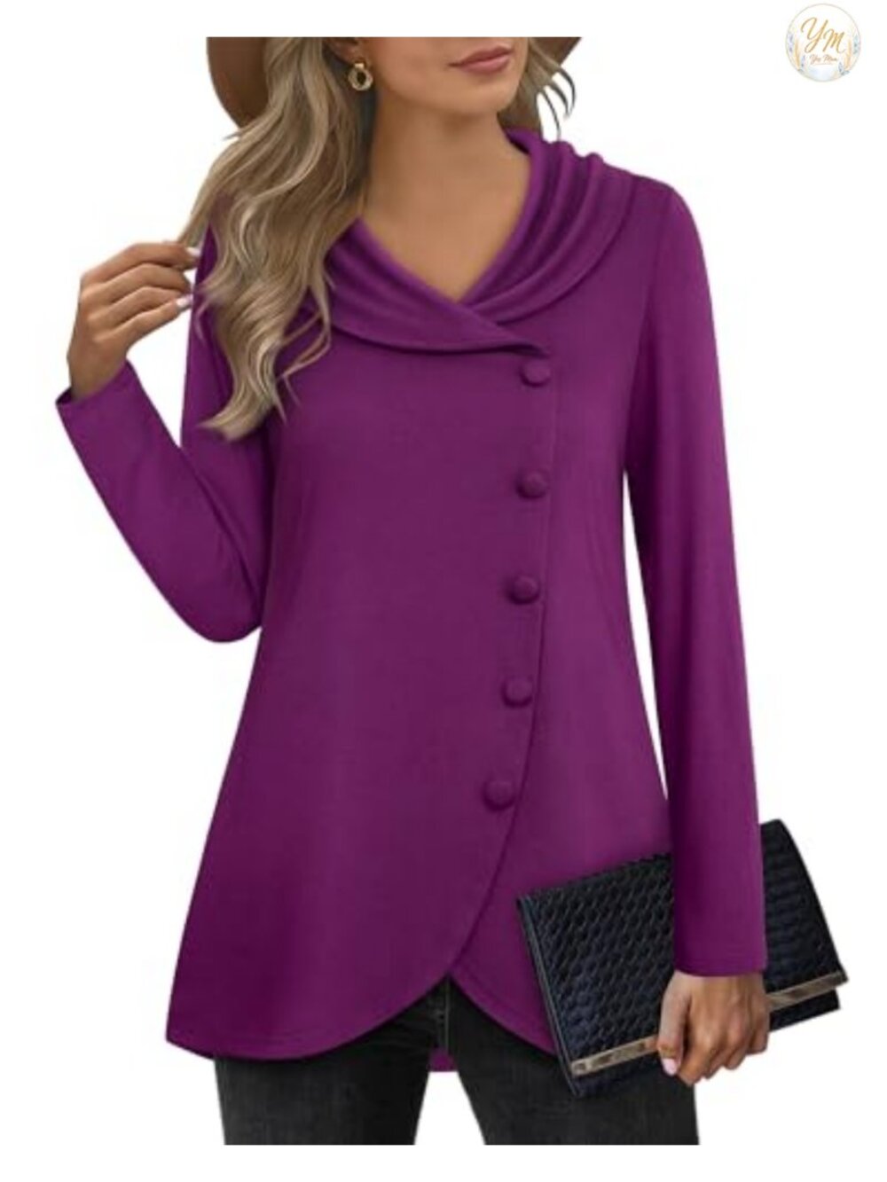 Womens Long Sleeve Button Side Tulip Hem Lapel Tunic Pullover Sweatshirt